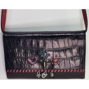 Brighton Crossbody Bag Wallet Purse Croc Embossed Charms Red & Black Strap Heart